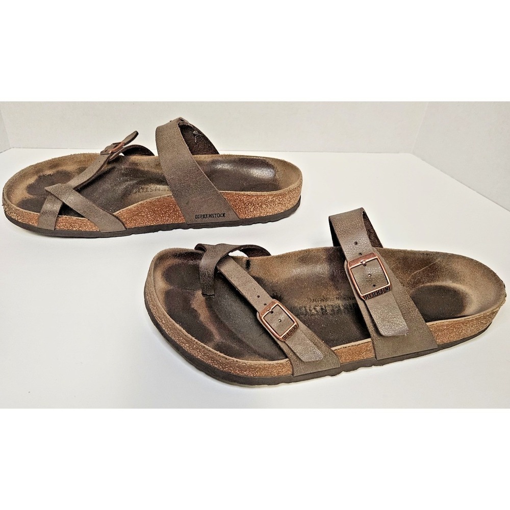 Birkenstock Mayari Size 43 Brown Flip Flop Leather Sandal Cork Wedge Heel - Picture 3 of 10
